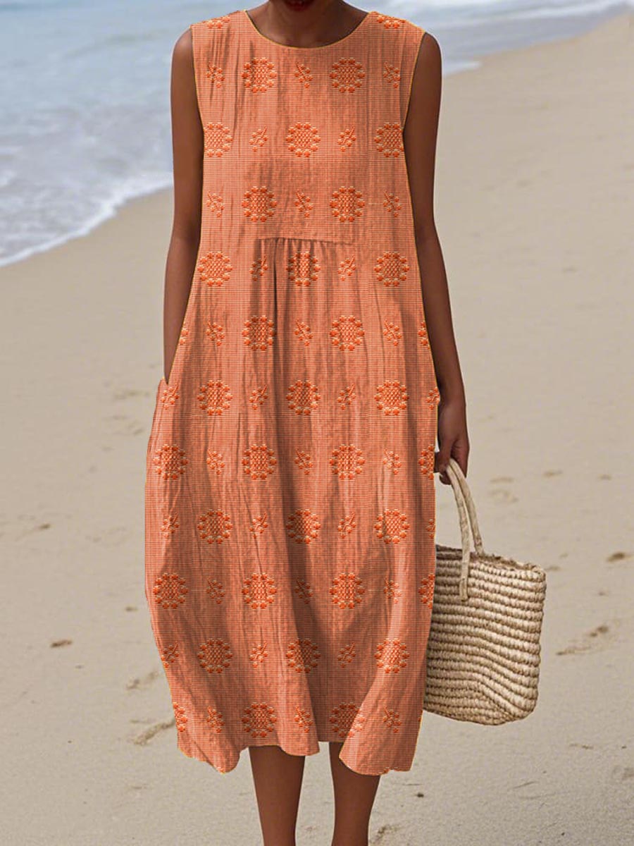 Summer dress in cotton-linen with embroidery – loose midi dress - Orange / S