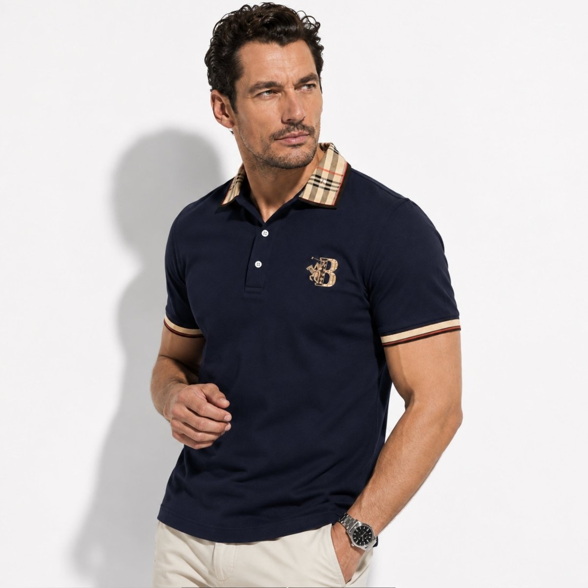 Polo pour homme en coton avec col à carreaux - Blå / 2XL