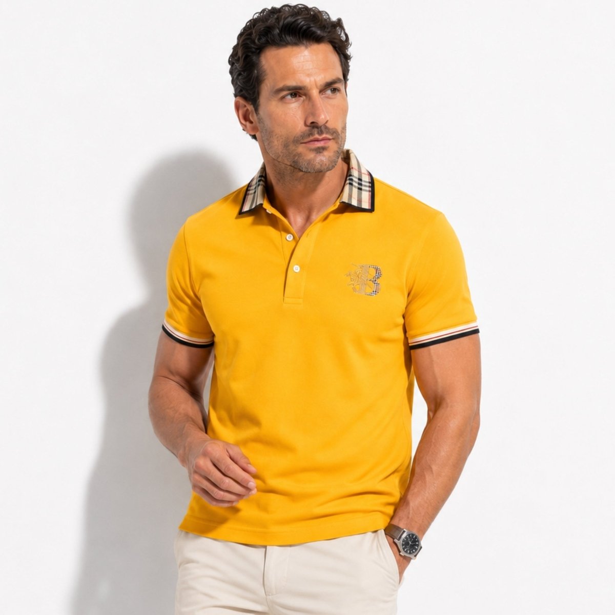 Polo pour homme en coton avec col à carreaux - Gul / S