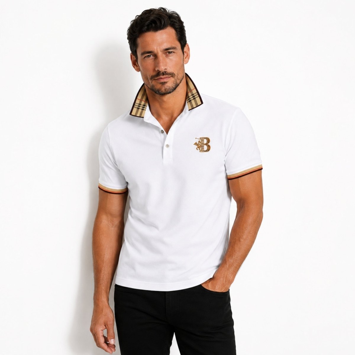 Polo pour homme en coton avec col à carreaux - Hvid / 2XL