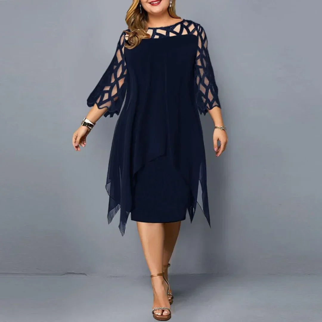 Abito da festa da donna in chiffon con maniche trasparenti - Blu navy / L