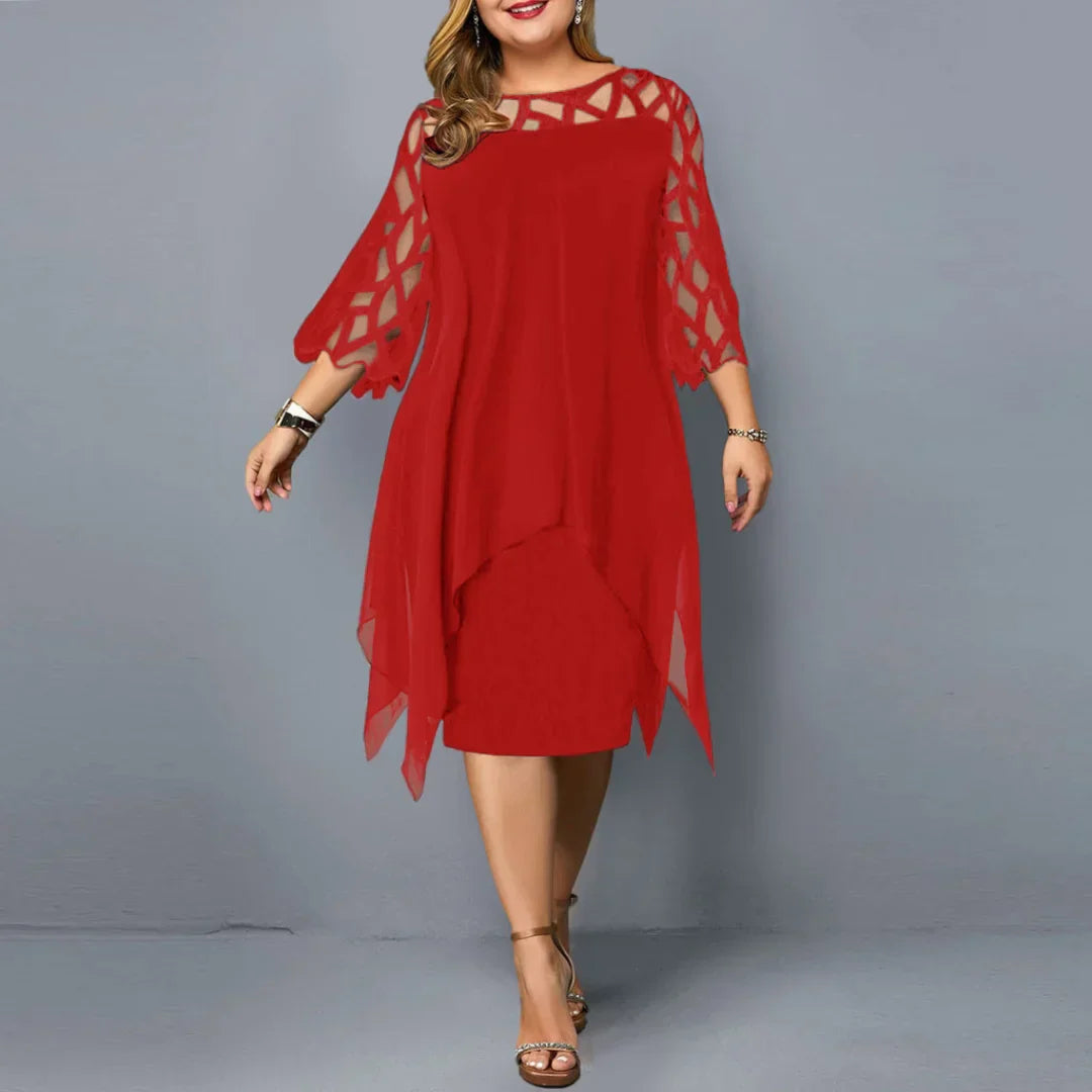 Abito da festa da donna in chiffon con maniche trasparenti - Rosso / 5XL
