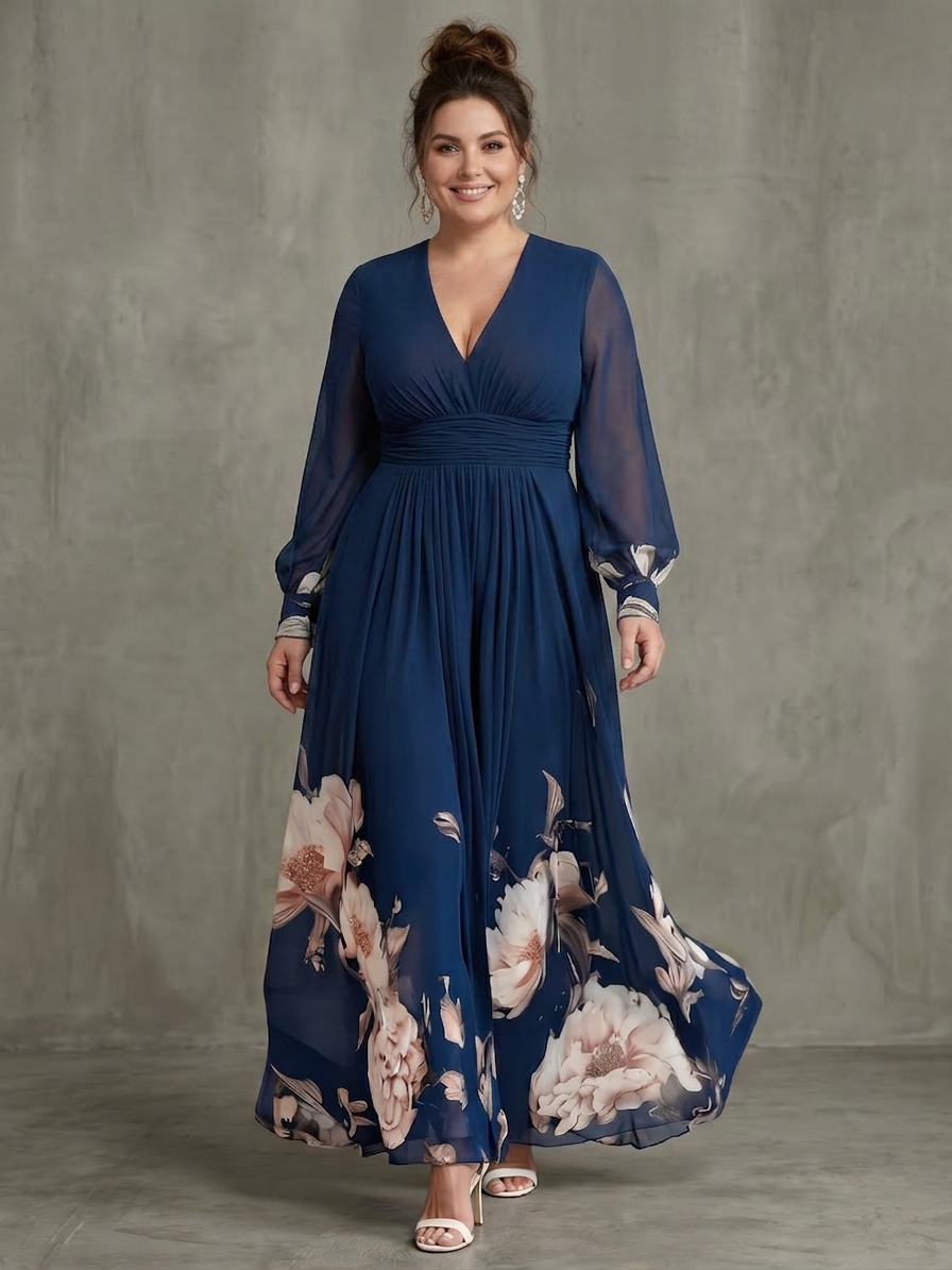 Elegancka damska sukienka maxi plus size | Dekolt w serek i kwiatowy wzór