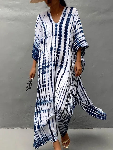 Dame kaftankjole i viskose med batik-print - Blå/Hvid / One Size
