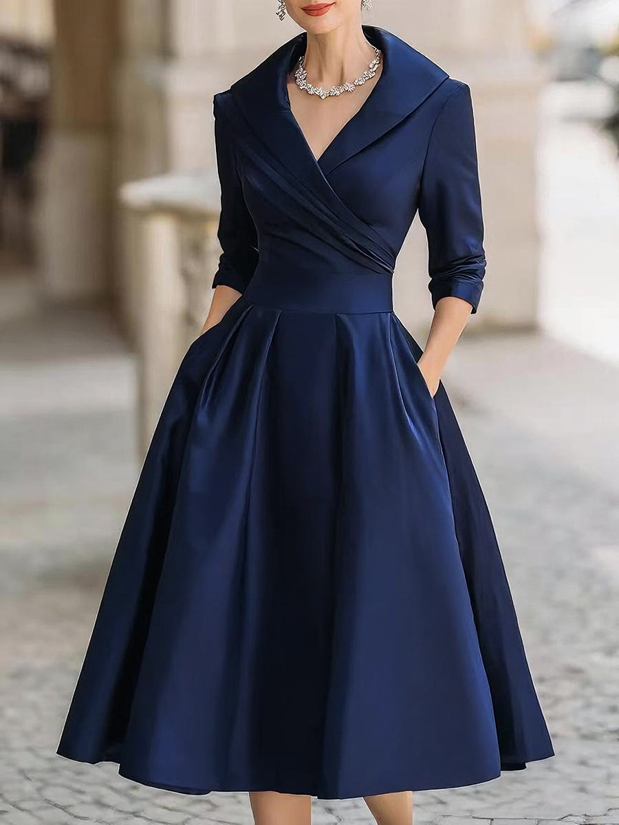 Vestido midi de poliéster con acabado satinado y diseño cruzado - Azul marino / 2XL