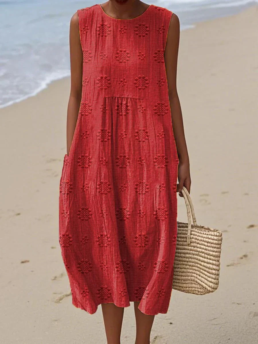 Vestido de verano de algodón y lino con bordado - vestido midi holgado - Rojo / L