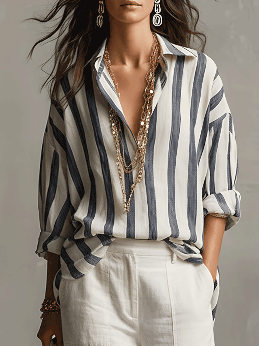 Blusa da donna oversize a righe in cotone - Blu / XL
