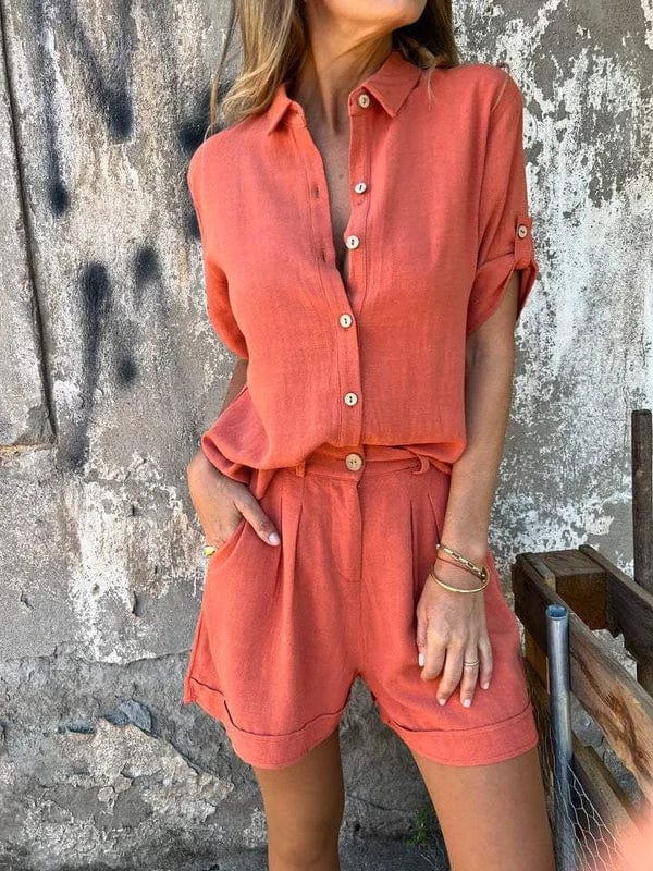 Conjunto de lino para mujer con camisa y pantalón corto - Naranja / S
