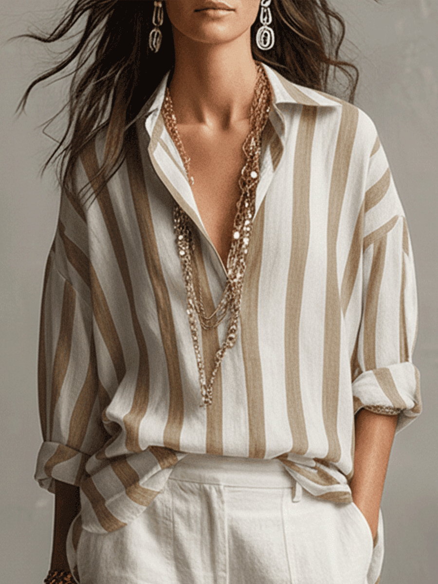 Blusa da donna oversize a righe in cotone - Cachi / XS