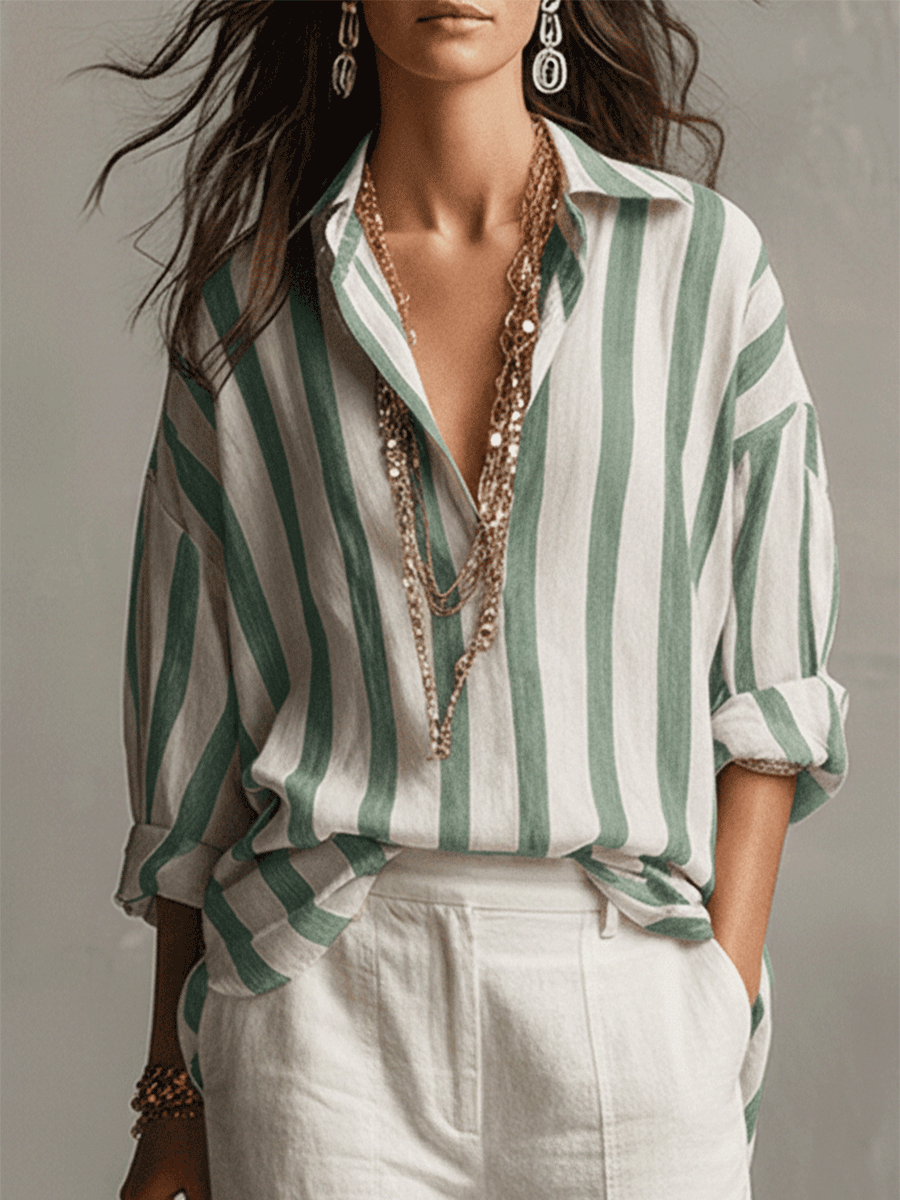 Blusa da donna oversize a righe in cotone - Verde / XL