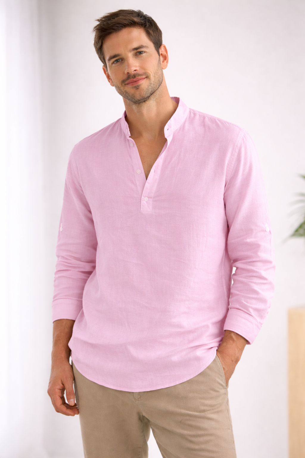 Camisa de lino para hombre con cuello mao y mangas largas - Rosa claro / M