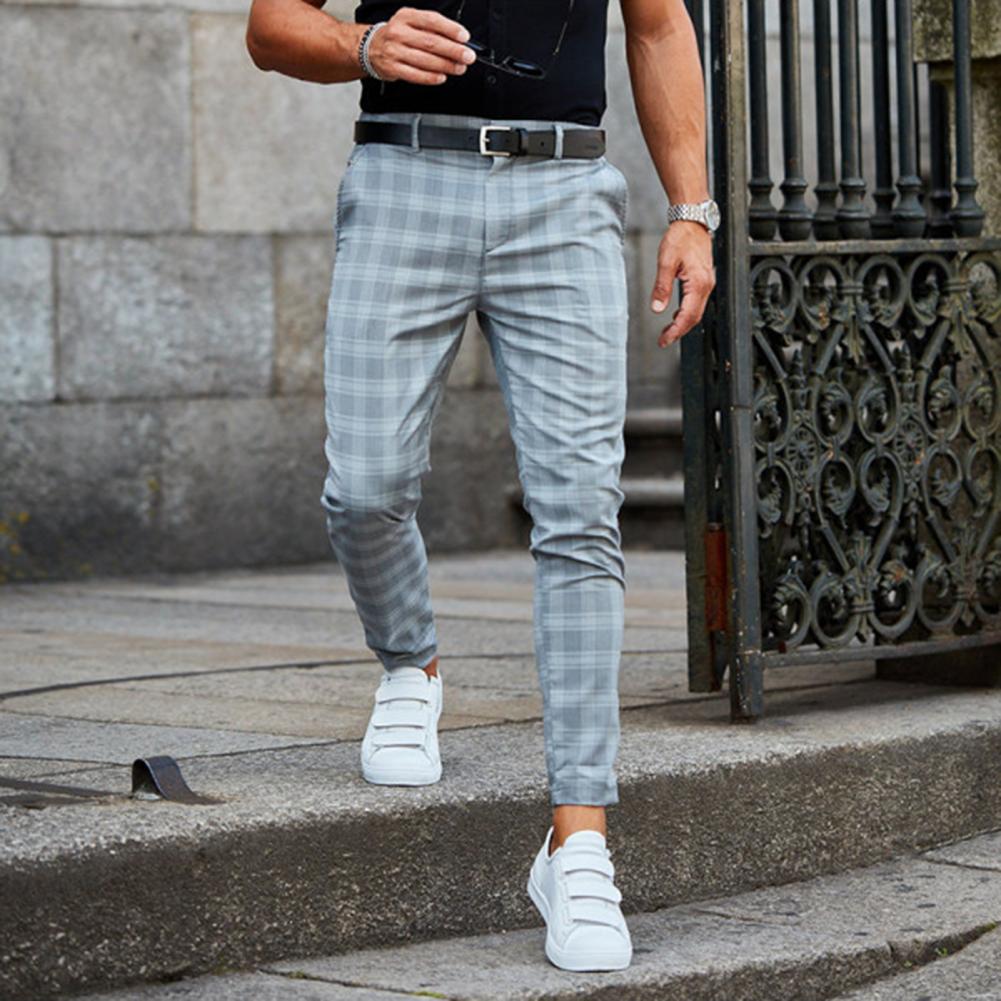 Pantalon extensible à carreaux pour homme à coupe ajustée - Blå / 2XL