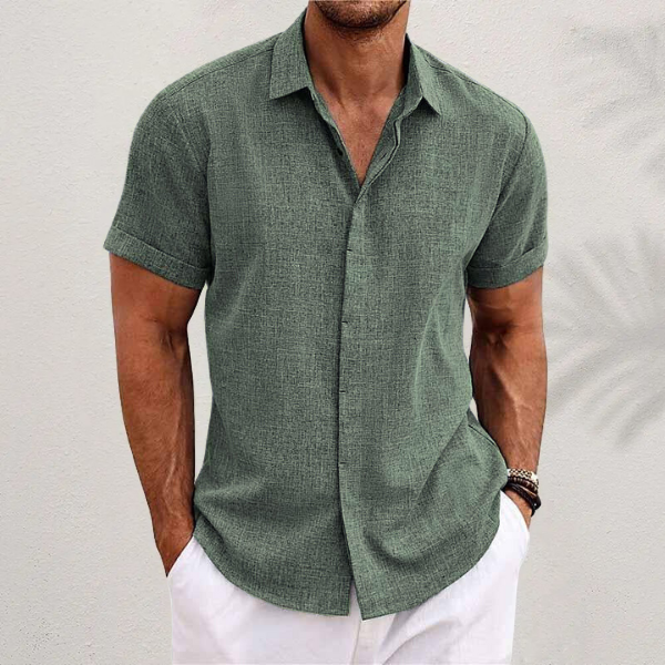 Camisa de lino de algodón para hombre, de manga corta - Caqui / S