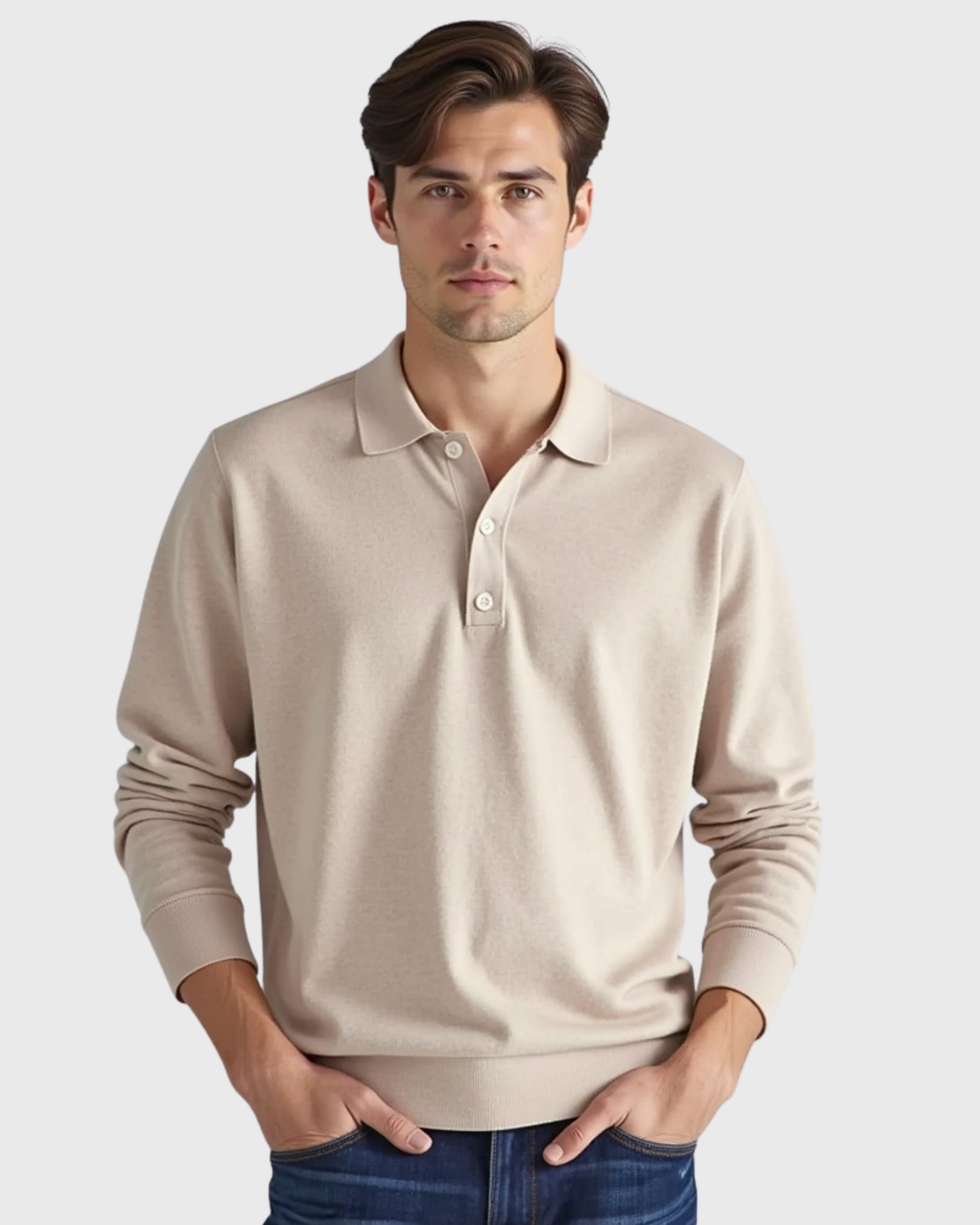 Cotton polo shirt with long sleeves - Khaki / 3XL