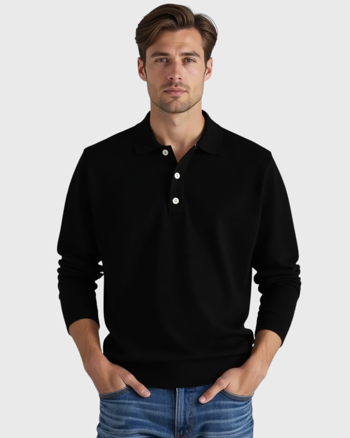 Cotton polo shirt with long sleeves - Sort / M