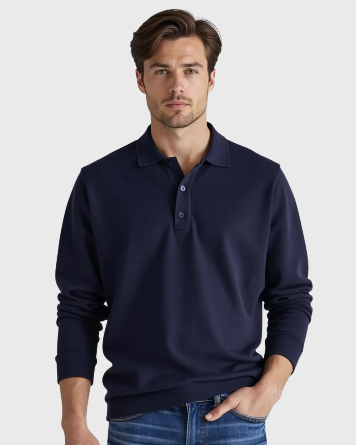 Cotton polo shirt with long sleeves - Blå / XL