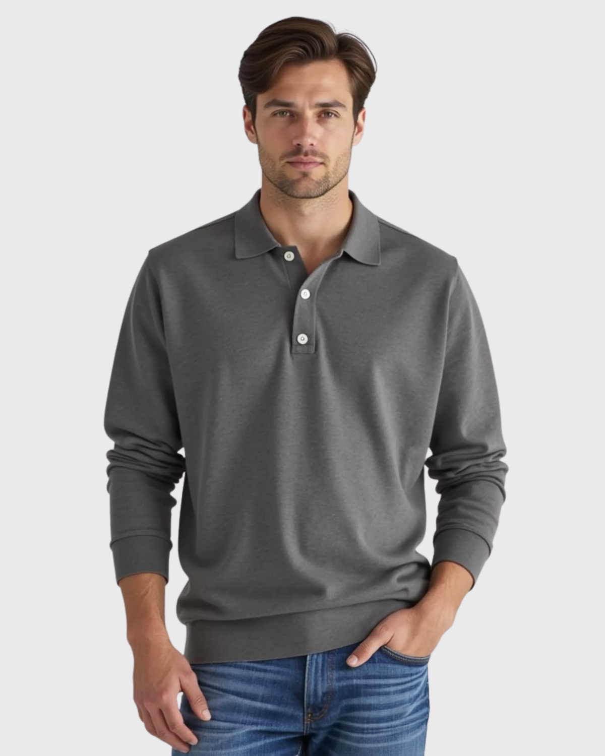 Cotton polo shirt with long sleeves - Grå / S