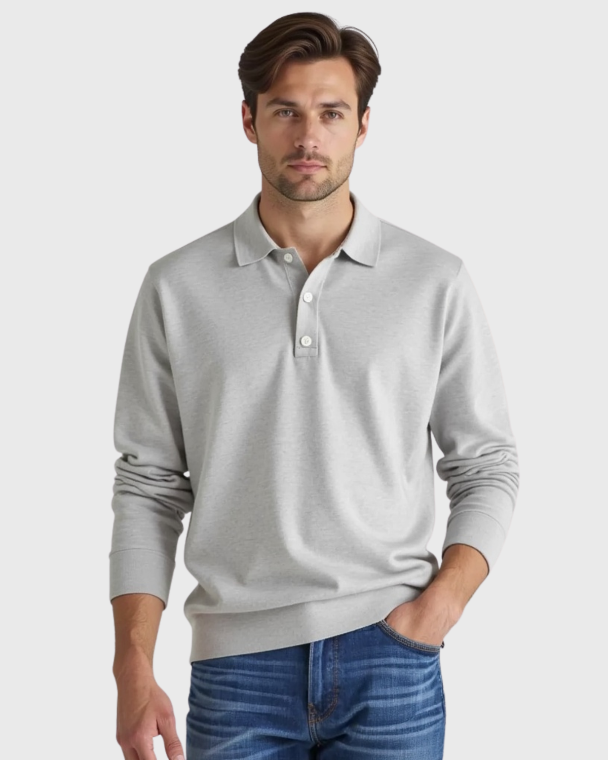 Cotton polo shirt with long sleeves - Hvid / L