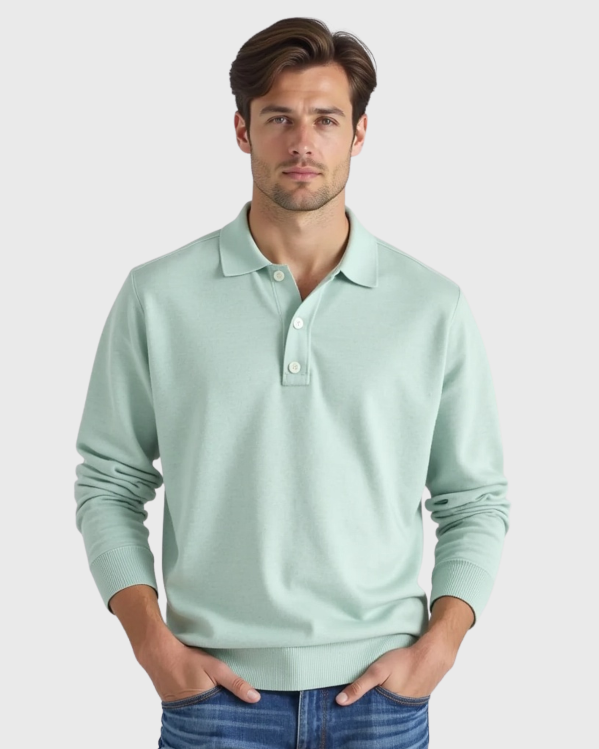 Cotton polo shirt with long sleeves - Lysegrøn / XL