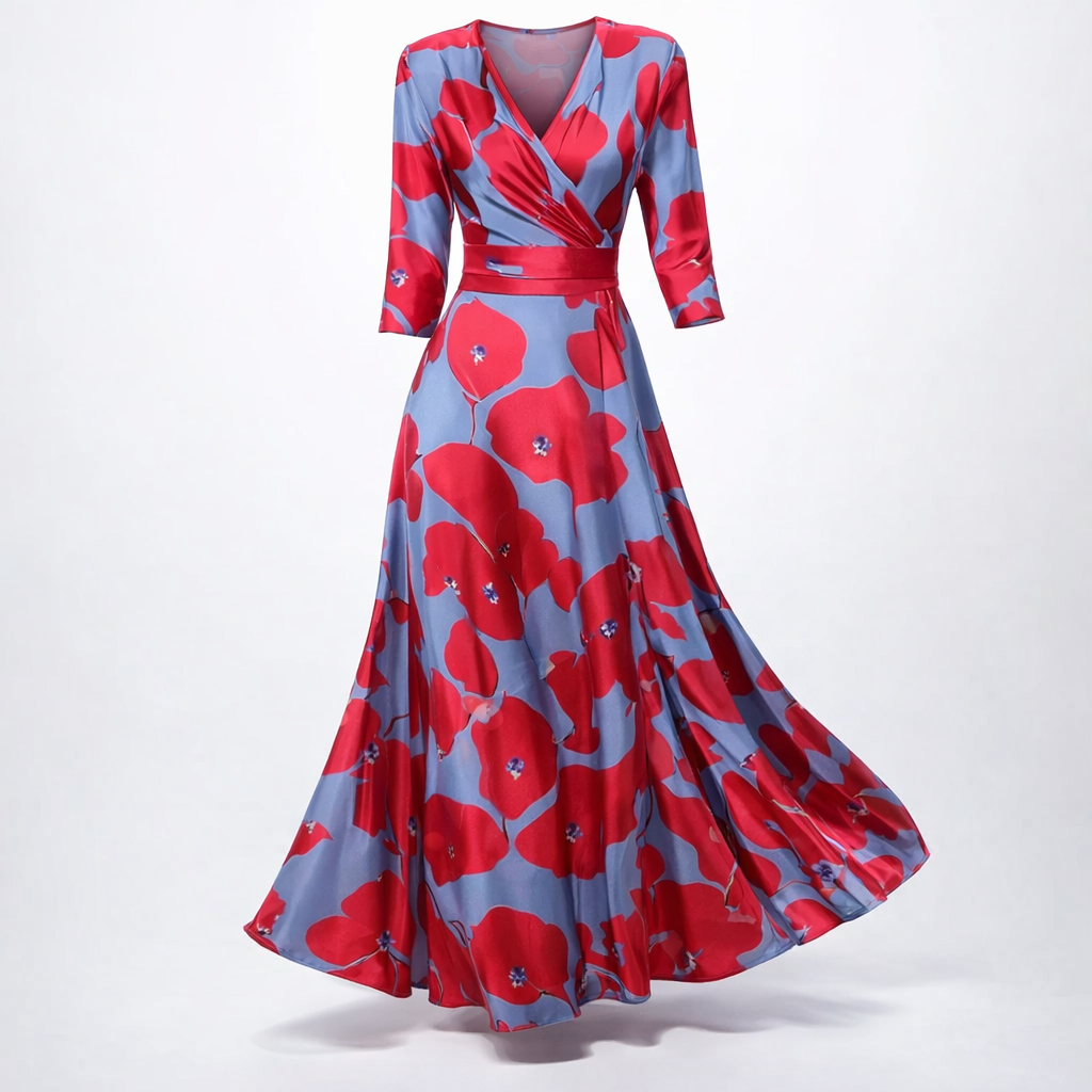 Robe longue en satin à imprimé floral et coupe portefeuille - Rød/Blå / XS