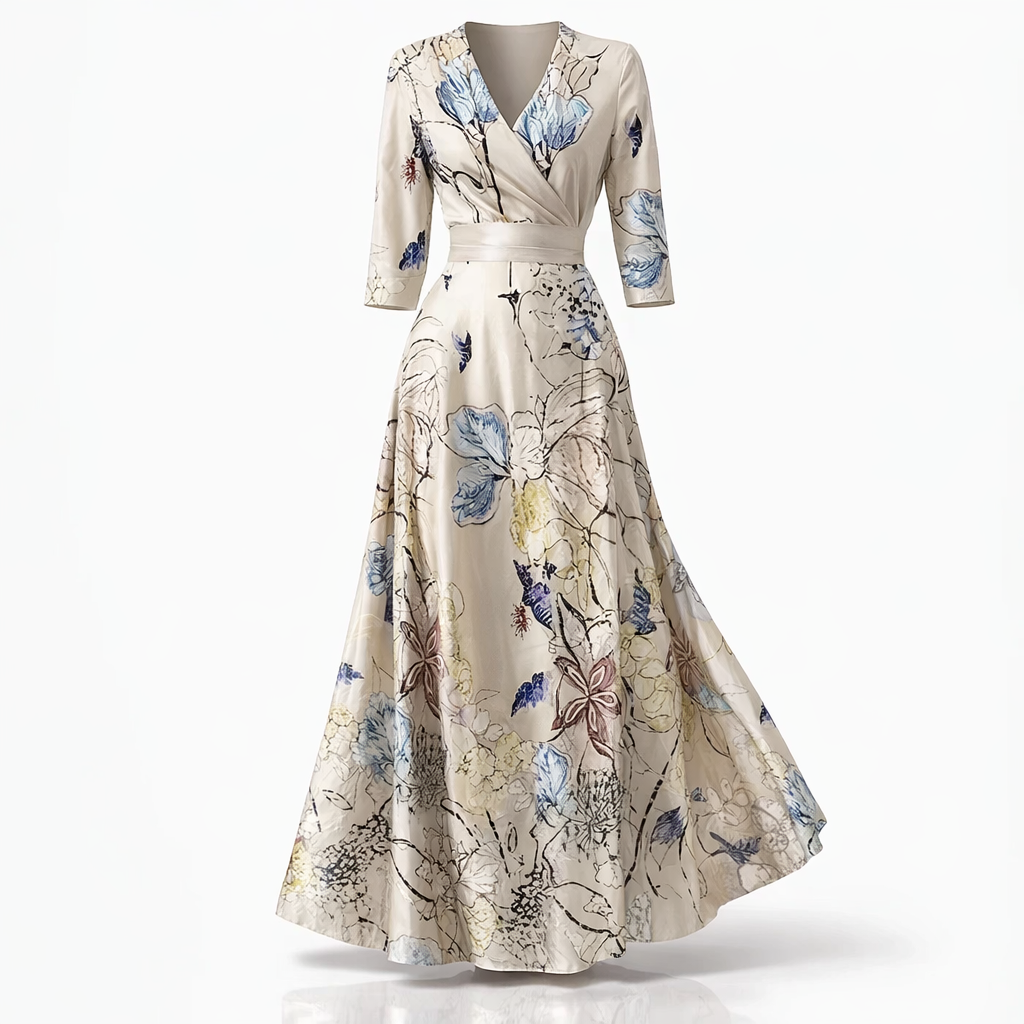 Robe longue en satin à imprimé floral et coupe portefeuille - Sand/Beige / XL