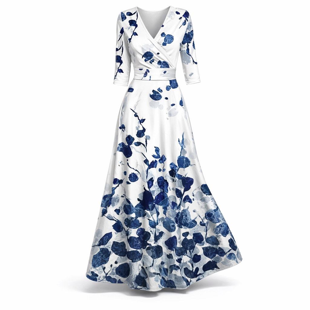 Robe longue en satin à imprimé floral et coupe portefeuille - Blanc/Bleu / S