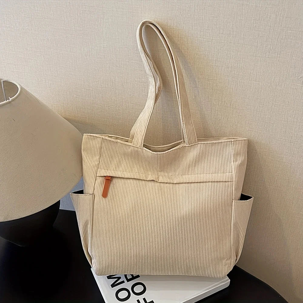 Cabas pour femme en velours côtelé de coton avec poche avant - Beige