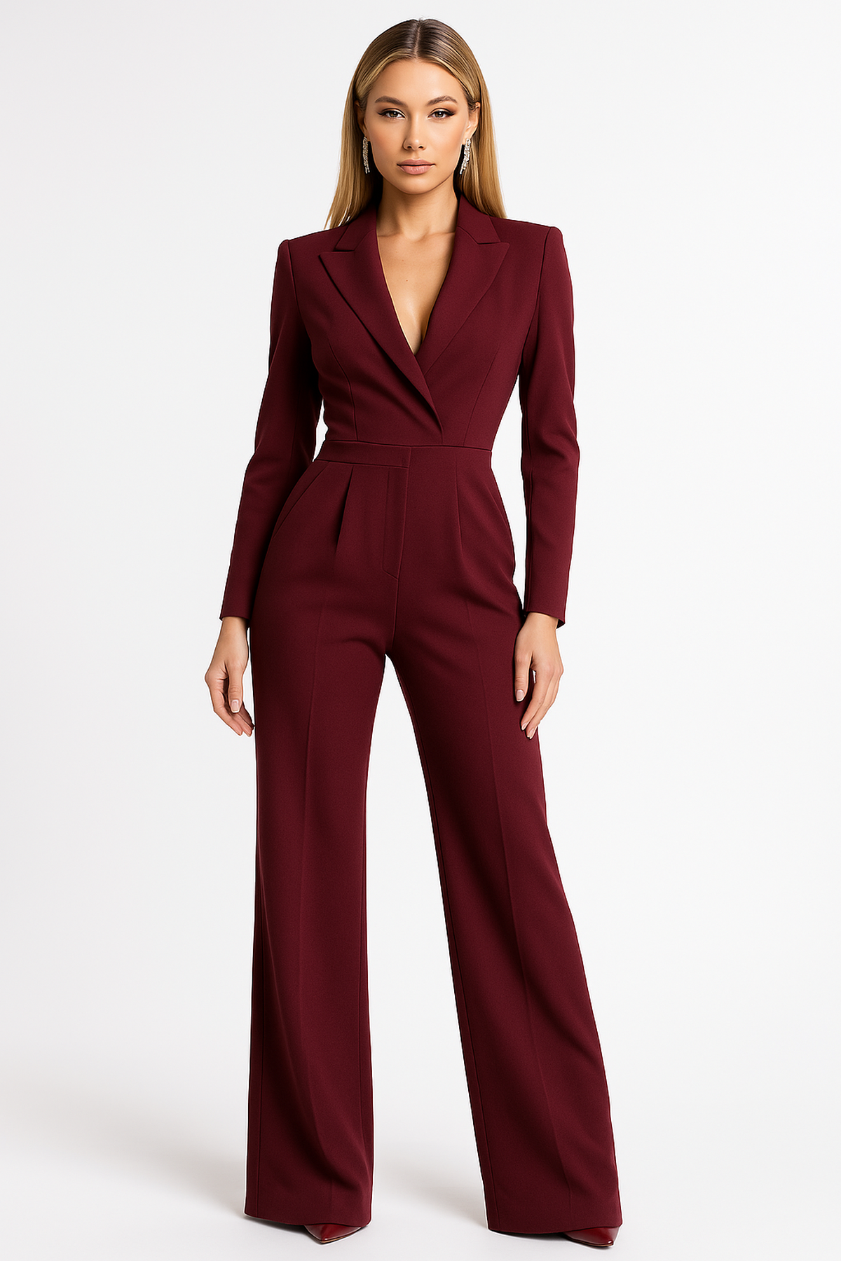 Mono de poliéster para mujer con escote en V y perneras anchas - Rojo / S