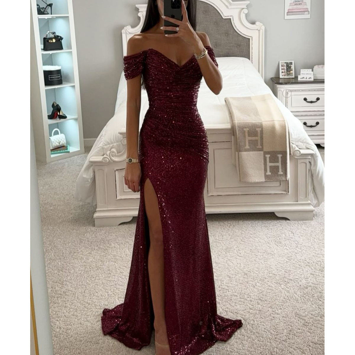 Abito da sera da donna con paillettes e spalle scoperte - Rosso vino / XL