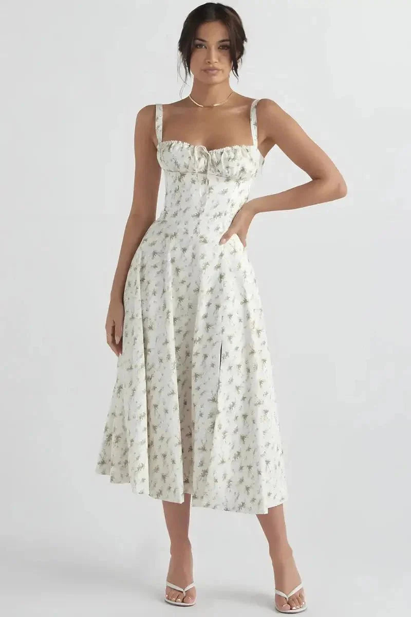 Vestido corsé de algodón para mujer con estampado floral y abertura - Blanco/Floreado / M