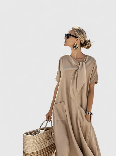 Damska długa bawełniana sukienka z wiązaniem przy szyi - Khaki / 2XL