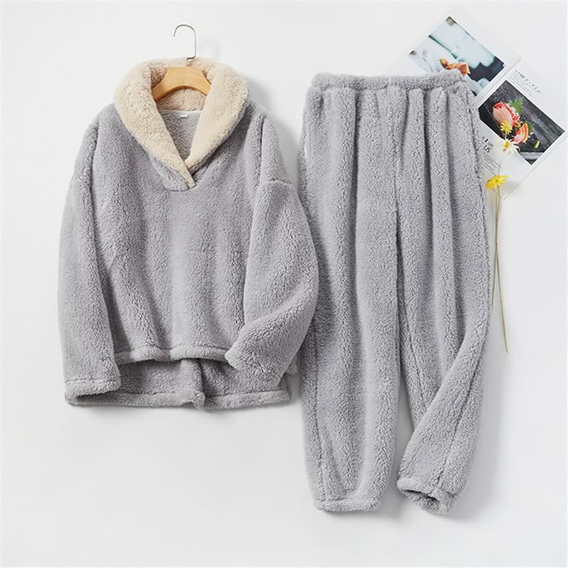 Completo pigiama da donna in pile con felpa con cappuccio e pantaloni lunghi - Grigio / XL