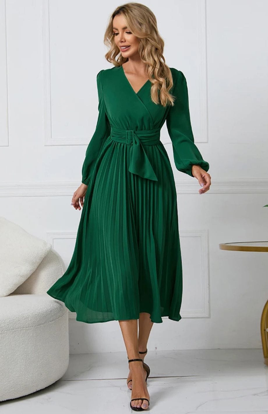 Robe midi plissée portefeuille pour femme avec ceinture à nouer - Vert / M