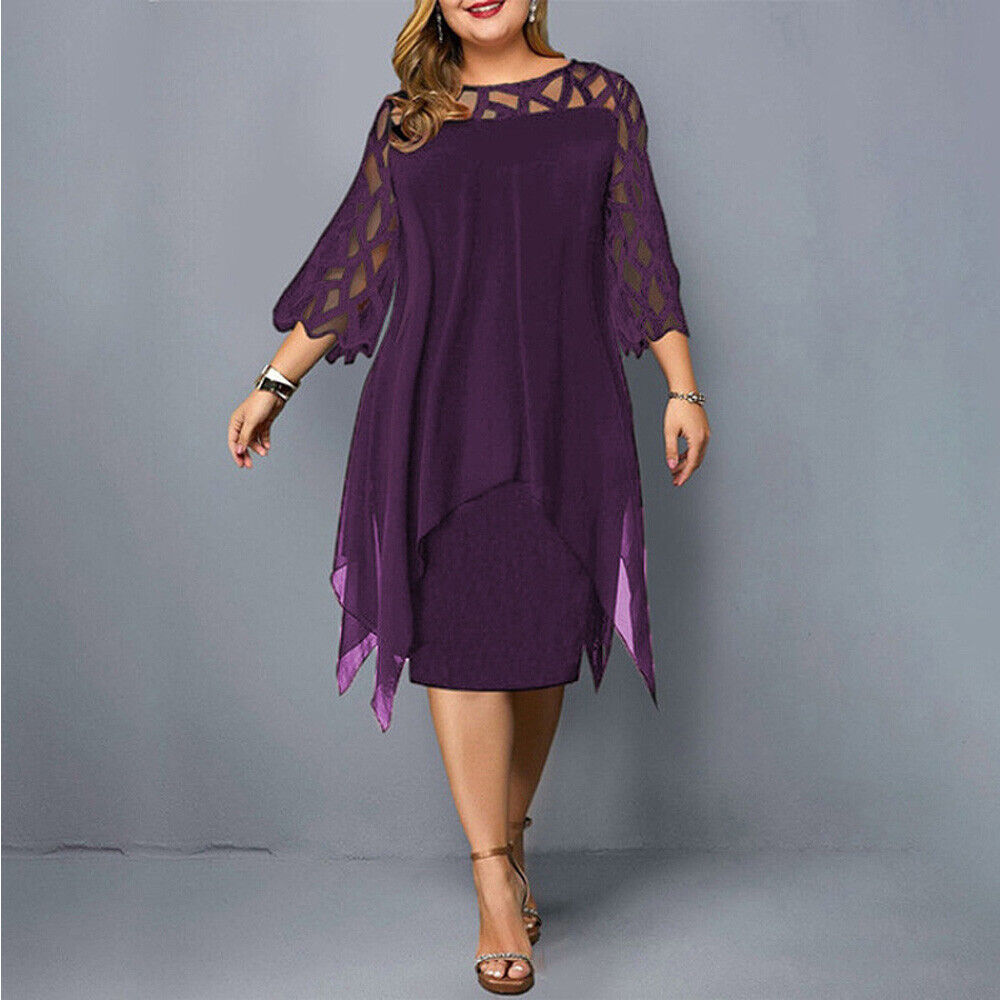 Abito da festa da donna in chiffon con maniche trasparenti - Viola / 6XL