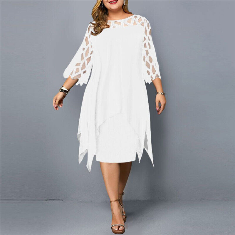Abito da festa da donna in chiffon con maniche trasparenti - Bianco / 3XL