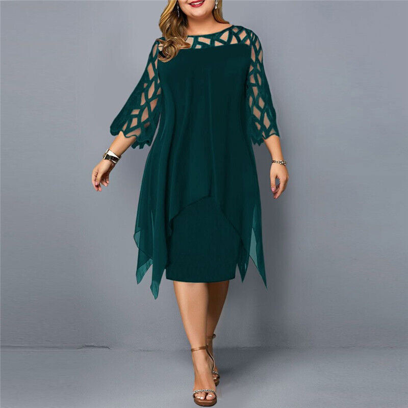 Abito da festa da donna in chiffon con maniche trasparenti - Verde / 5XL